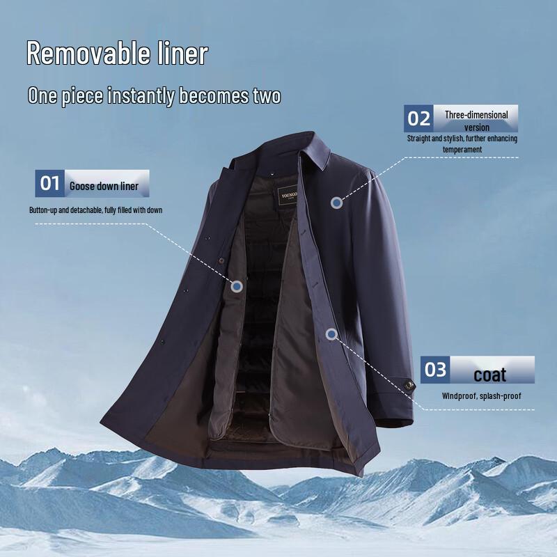 YOUNGOR Men's Detachable Goose Down Executive Trench Coat