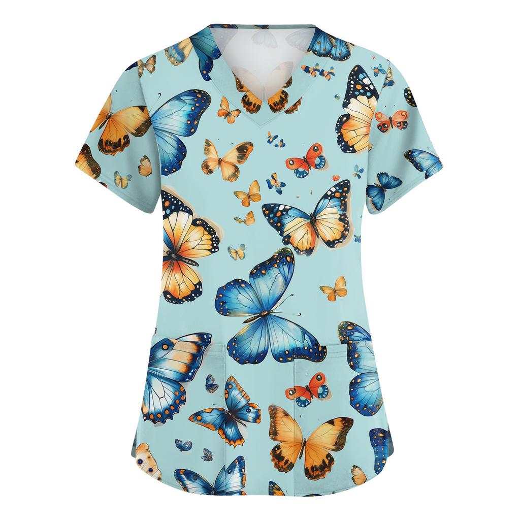 Women's Fashionable V-neck Workwear Printed Short Sleeved Pocket Side Slit Workwear Basic Pullover Top