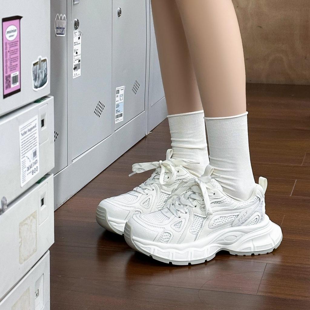 Platform Dad Shoes Women's 2025 Spring New Women's Mesh Breathable Women's Shoes Silver Heightening Casual Sports Shoes