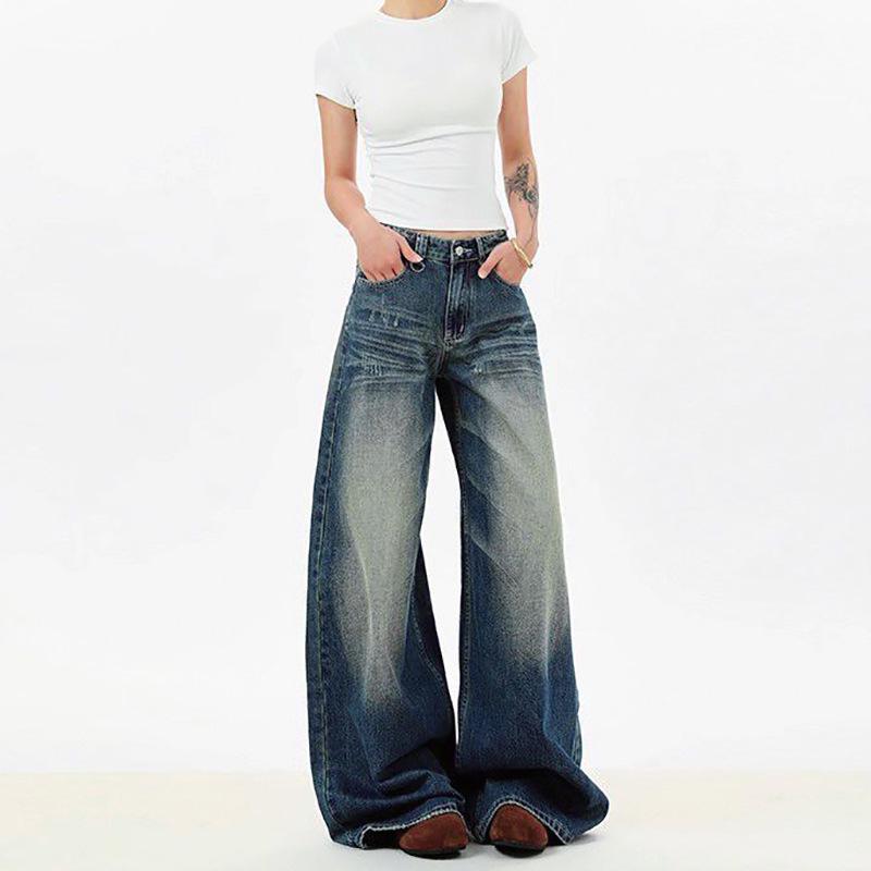 D9157 Unisex Wide-Leg Jeans for Women: Loose Fit, Flowy, Slimming, Floor-Length for Spring/Autumn