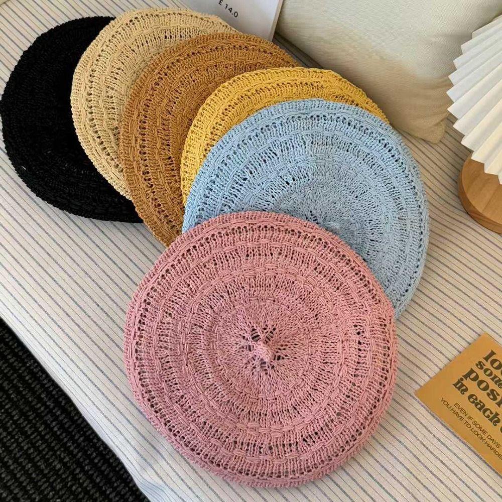 New Retro Style Beret Cap Breathable Hollow Bonnets Cap Polyester Solid Color Sun Hat