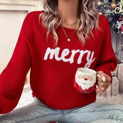 Suéter de Manga Corta Cálido Minimalista Carta de Navidad para Mujer Hombros Caídos Cuello Redondo Casual Manga Larga Suéter de Cuello Redondo