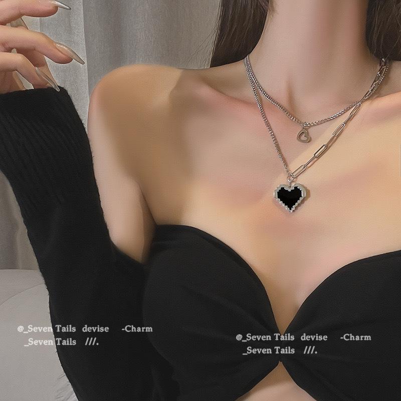 Titanium steel double-layer mosaic heart-shaped necklace female hip-hop design simple letter pendant collarbone chain