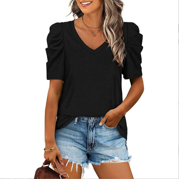Women's  Fashion Summer Sexy Casual Loose T-Shirt Tops V-Neck Short Sleeve Tops Solid Color  Tops
