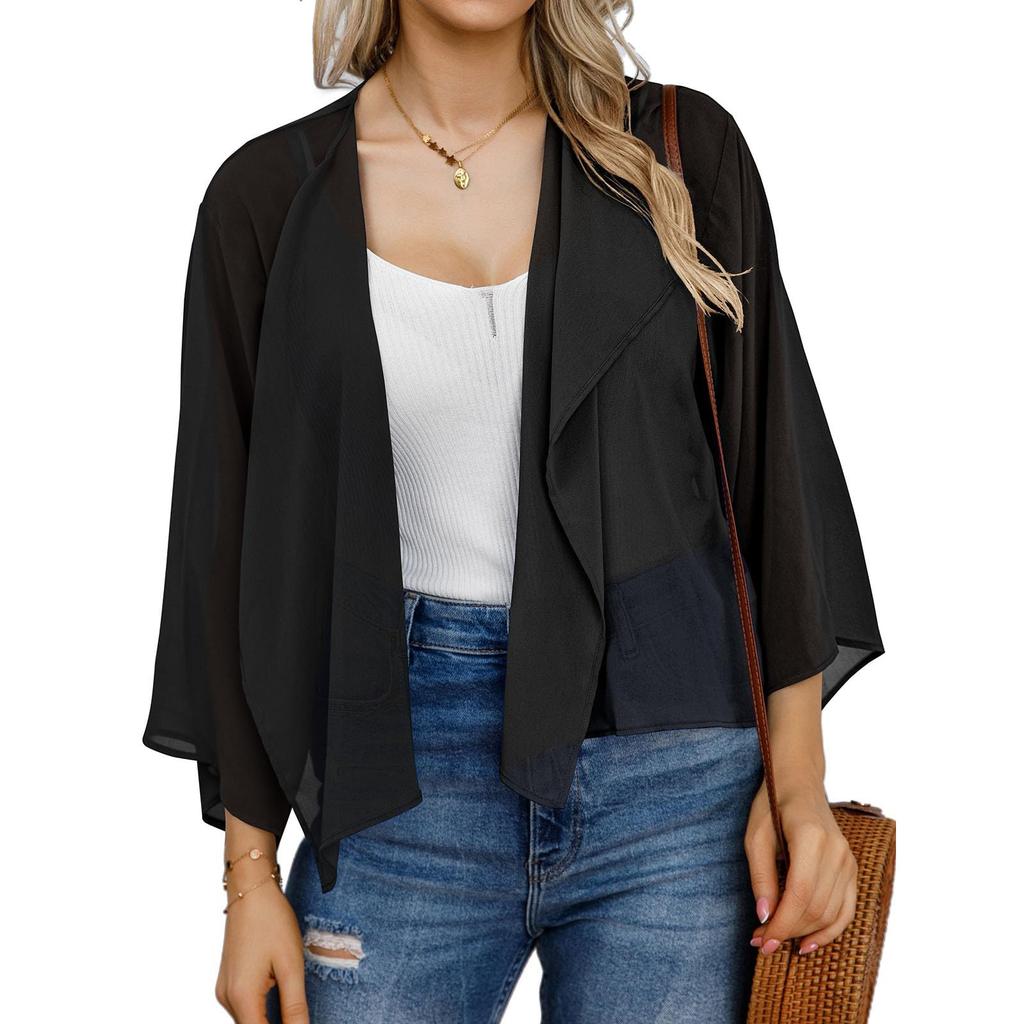 Damen Locker Ausgestellte Ärmel Einfarbig Chiffon Kurzer Cardigan Sonnenschutz-Oberteil