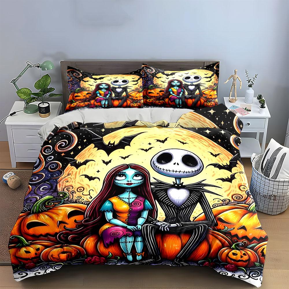 Halloween Couple with Pumpkins Bedding Duvet Cover Set Duvet Cover Pillowcases (1*Duvet Cover 2*Pillowcases, Without Duvet Insert)