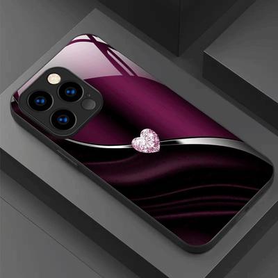 Black Purple Heart-shaped Tempered Glass Phone Case Suitable for iPhone17 16 15 14 13 12 11Pro/Max/Plus Anti Drop and Shockproof