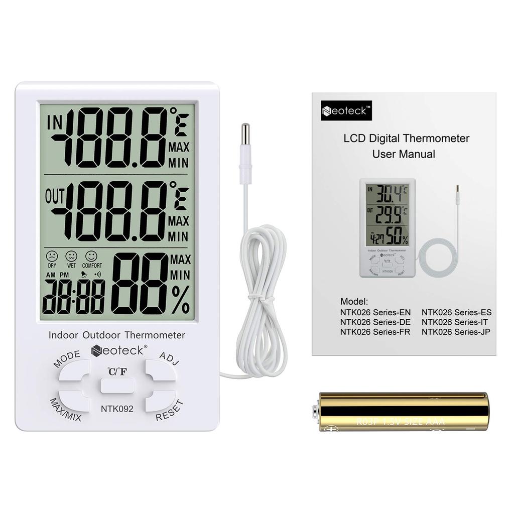 Neoteck With LCD Digital Temperature and Humidity for Home Heatstroke Prevention 3m Thermo-Hygrometer ±1°C Accuracy, Sensor, Indoor/Outdoor