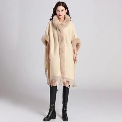 4 Farben Großer Kunstfellkragen Umhang Damen Party Übermantel Lang Winter Dick Gestrickt Fledermausärmel Cape Quaste Lockerer Mantel Mit Hut