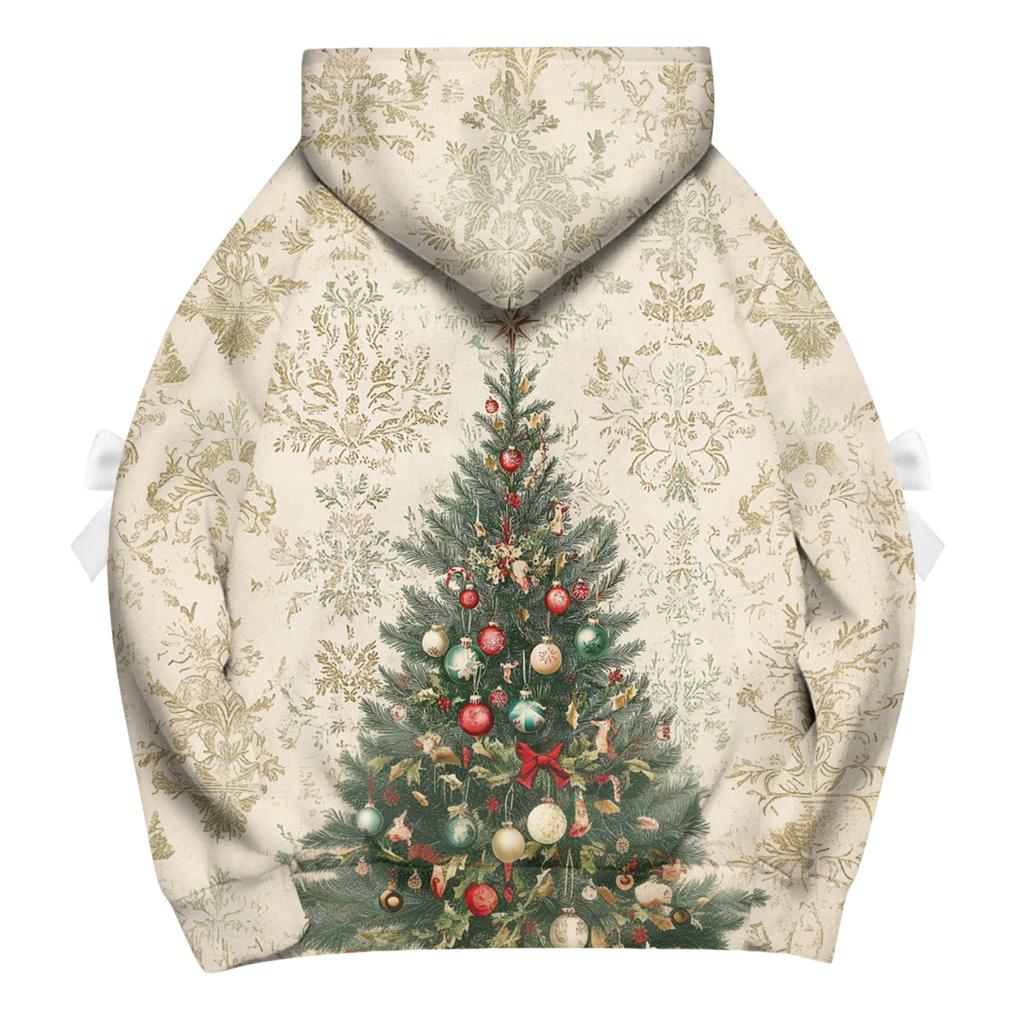 Ladies' Christmas Printed Bow Long Sleeved Loose Fitting Headband With Rope Hooded Sweatshirt Top