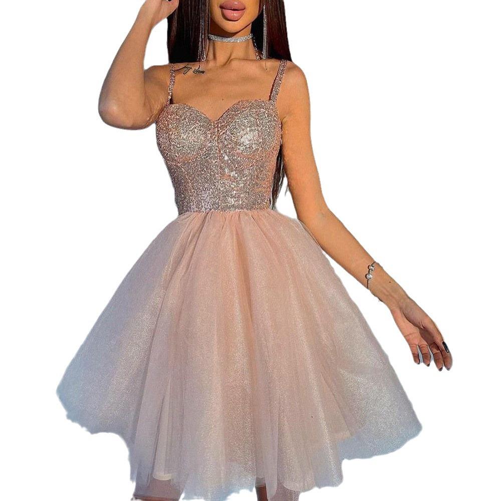 Fairy Evening Dress Winter New Heavy Industry Sequins Pink Banquet Host Fashion Toast Dress