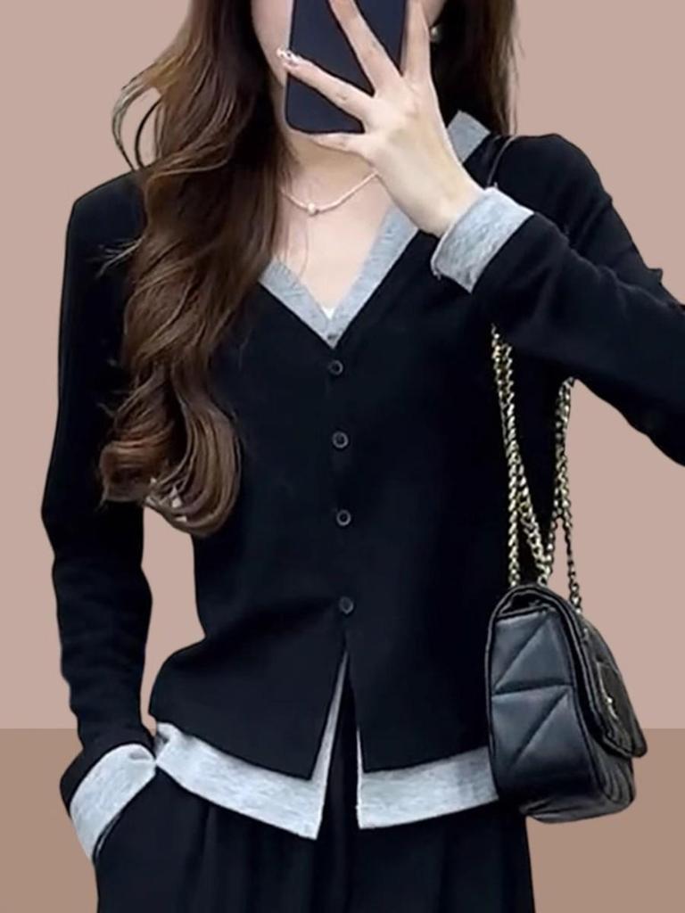 Women's Black V-Neck Fake Two-Piece Cardigan T-Shirt, Spring/Autumn Slim-Fit Style