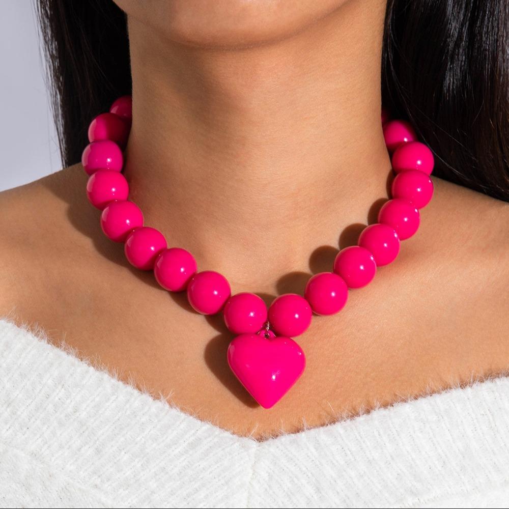 Exaggerated Round Bead Heart Pendant Necklace Adjustable Party Jewelry Gift Chain Choker Handmade Collar Necklace for Women
