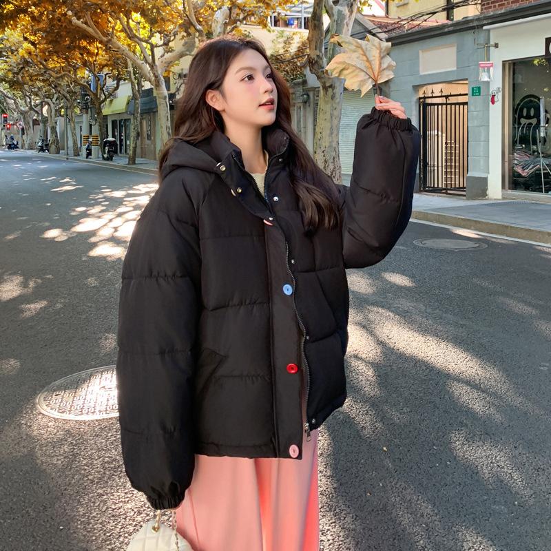 2025 Winter New Korean Version of High-end Color Button Women's Hooded Casual Windproof Warm Cotton Jacket Thickened and Loose