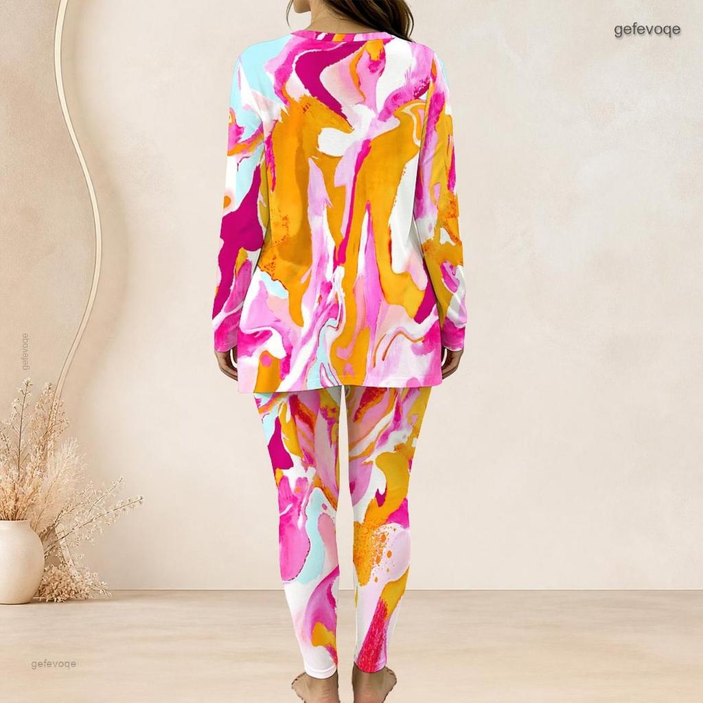 Women Plus Size Printed Round Neck Long Sleeve Top And Fitted Long Pants Two Piece Set
