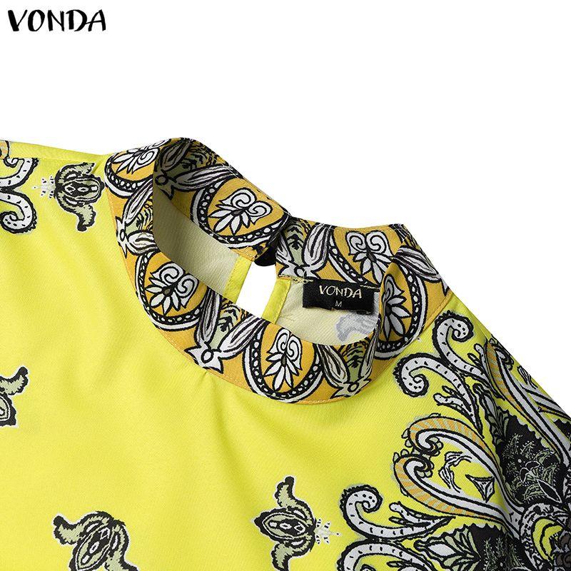 VONDA 2PCS Women Ethnic Long Sleeve Print Blouse and Pants Casual Two Piece Suit Sets