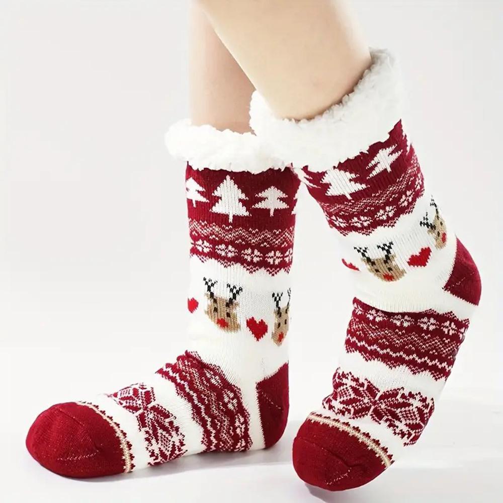 1 Pair Women Reindeer Pattern Mid Tube Socks Fashionable Autumn Winter Cartoon Socks Soft Plush Warm Comfortable Casual Socks