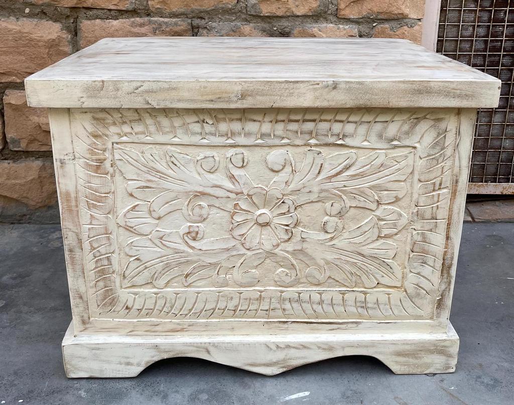 Wood Painted Carved Storage Box Coffee Table-Wood Central Chest with Floral Carved Trunk for Home Décor Organizing Artwork Home Furniture
