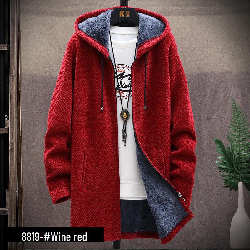 Men's Chenille Hooded Sweater Coat: Velvet Thick, Trendy Medium-Long Knit for Autumn/Winter