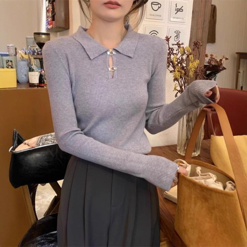 Bottom shirt women's spring and autumn new slim-fit high-end design sense inside knitted sweater polo collar top