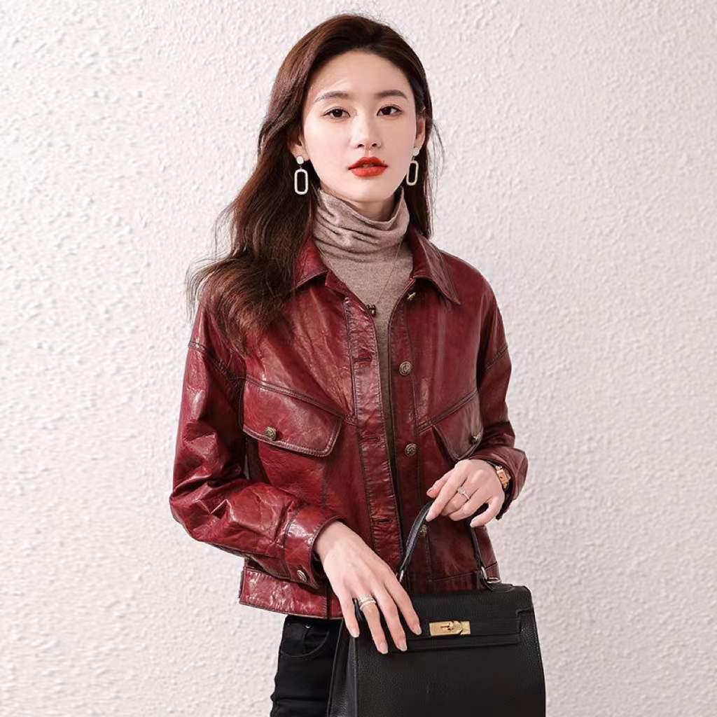 

Spring 2026 Haining Genuine Cowhide Leather Jacket - Fashion Oil Wax Short Style XXXL up to 140 jin вино красного