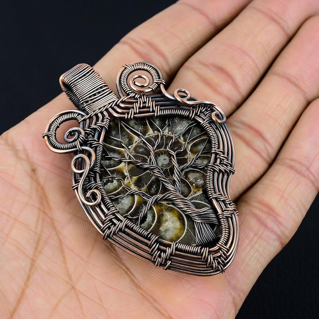 Ammonitfossil 999 Koppartrådsinlindad Hänge, Handgjort Ädelstenssmycke Hänge För Memorial Day