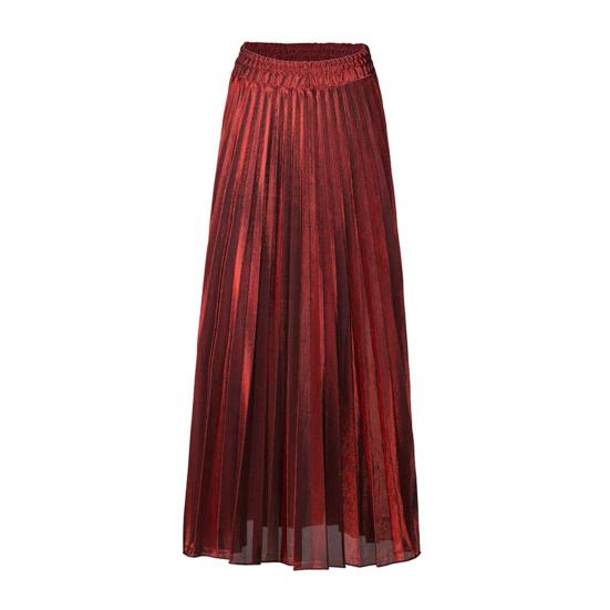 Women Maxi Skirt Elastic High Waist Pleated Golden Long Skirt Slimming Design Spring Summer Skirt Work Leisure Travel Wear