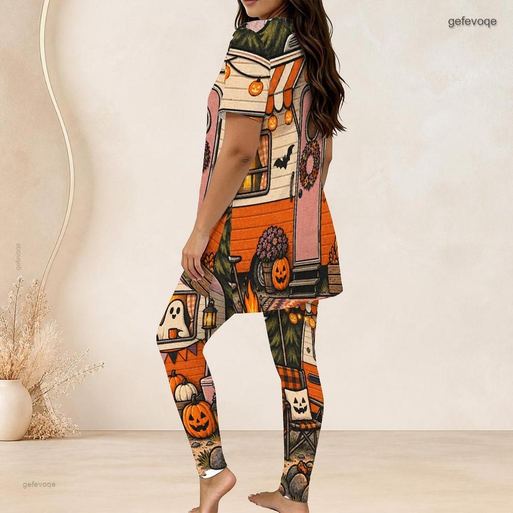 Women Plus Size Halloween Printed Round Neck Short Sleeve Long Top Fitted Long Pants Two Piece Set