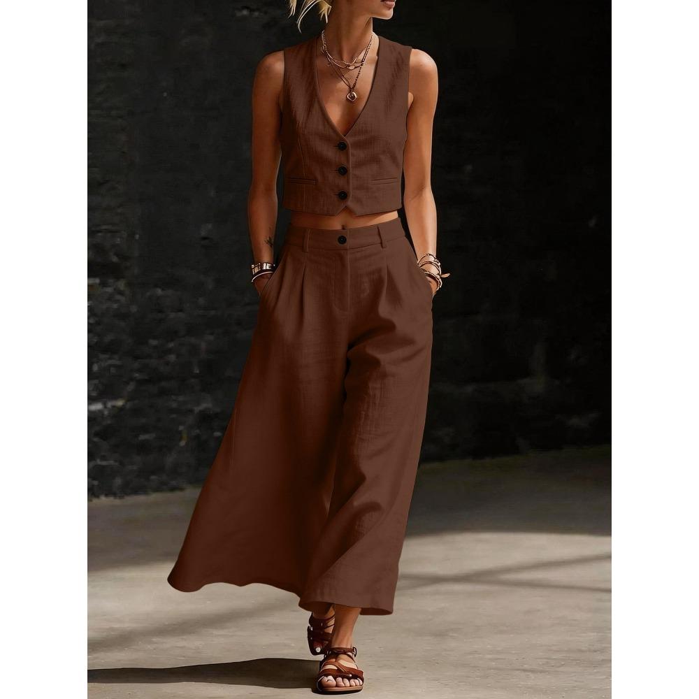 Completo Due Pezzi da Donna Vestibilità Larga Canotta Senza Maniche Scollo a V Pantaloni a Gamba Larga Vita Alta
