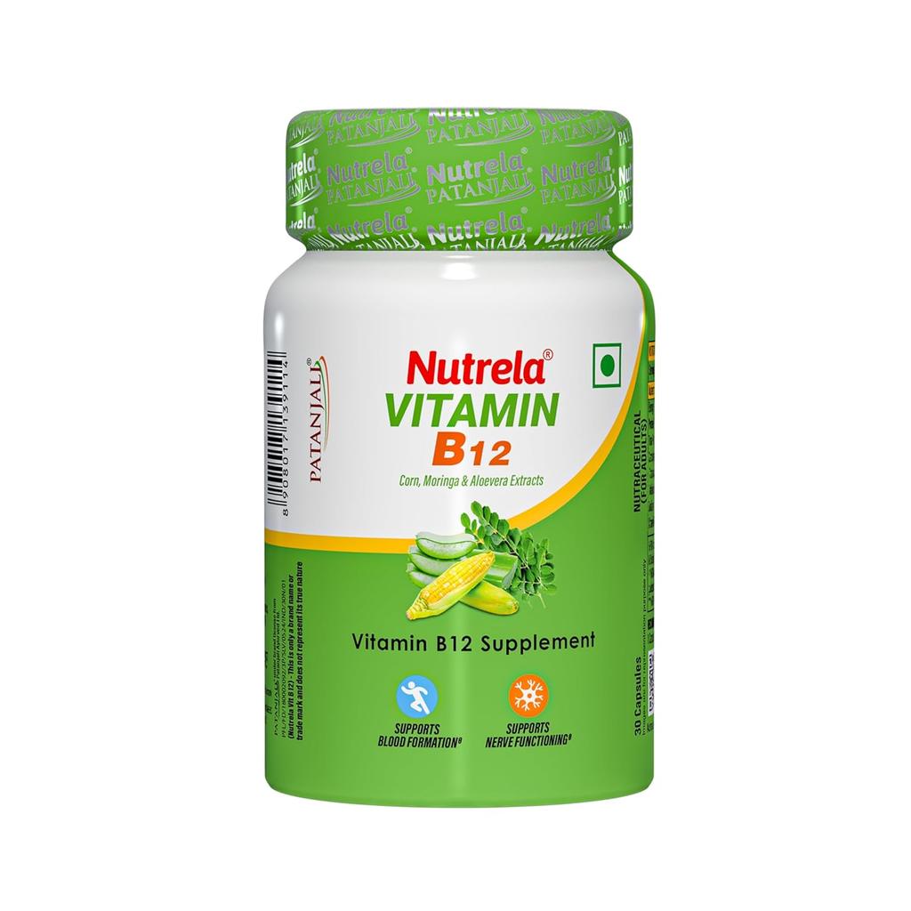 Nutrela Vitamin B12 Plant-Based Supplement for Men & Women with Moringa Aloe Vera 30 Veg Capsules