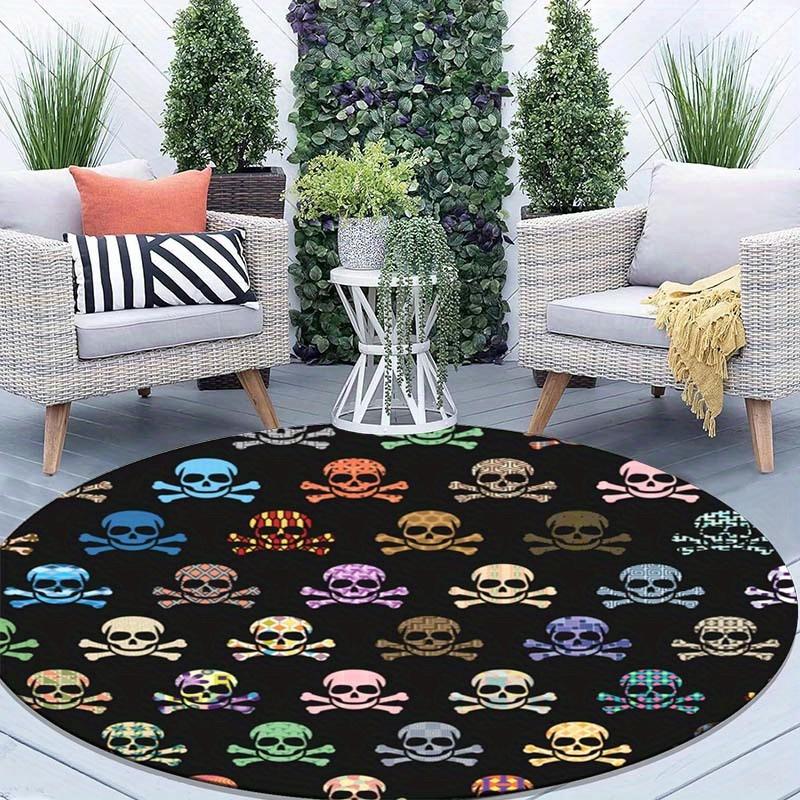 Colorful Skulls Crossbones Pattern Round Rug Punk Rock Style Crystal Velvet Carpet for Bedroom Living Room Edgy Fashion Decor