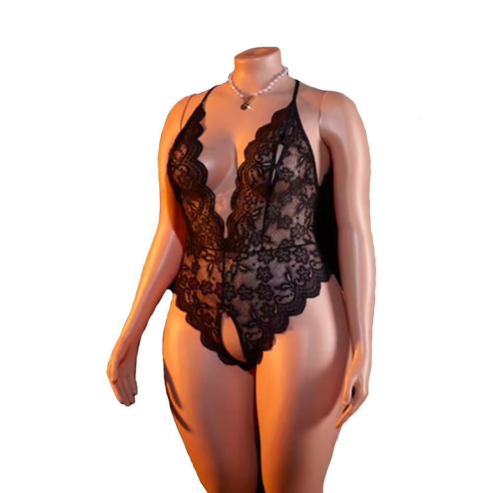 Sexy Crotchless Lingerie Women Lace Hollow Bodysuit Erotic Pajamas Teddy Babydoll Dress Deep V Open Bra Underwear Set Plus Size