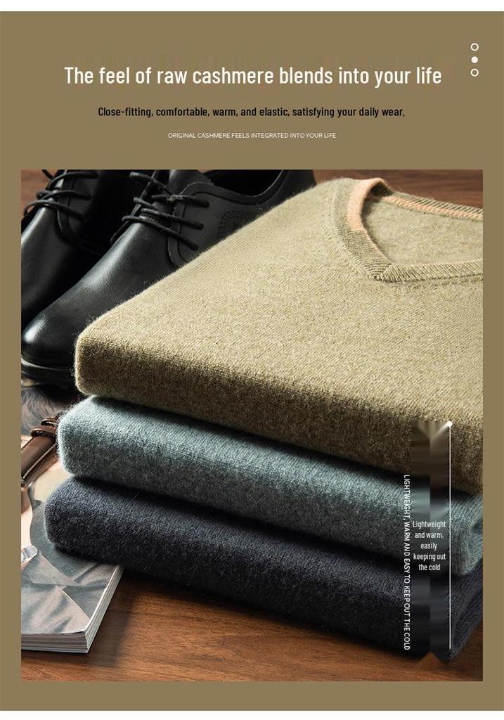 Men's V-neck Cashmere Sweater: Autumn/Winter Short Sleeve, Loose-Fit Knitwear, Color Block Half Sleeve, Casual and Trendy.