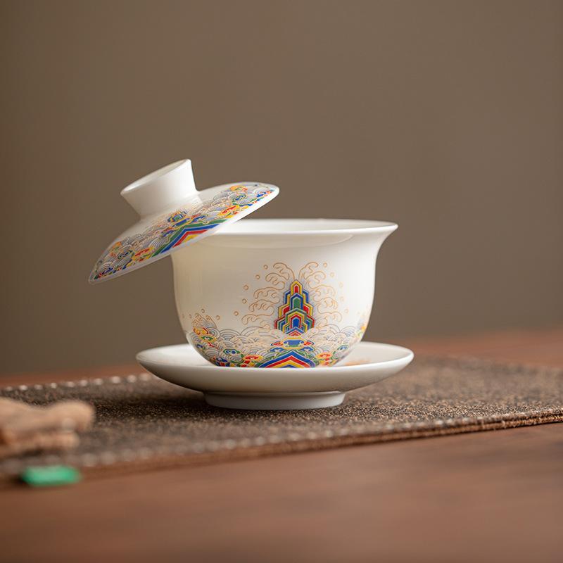 Suet jade wisteria flower three talents cover bowl teacup high-end three-piece set Ru kiln tea making Kung Fu tea set tea bowl can be hovering