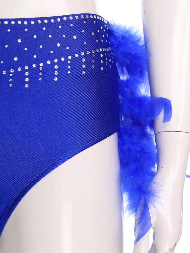 2-Piece Latin Dancewear Set for Womens - Sparkly Rhinestone One Shoulder Crop Top and Feather Back Briefs for Chacha Tango Belly Dance
