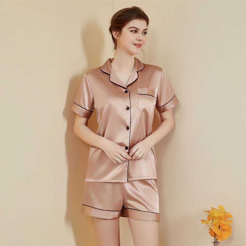 Women’s Summer Piped Solid Color Homewear 2 Piece Short Sleeve Shorts Pajama Set Casual Polo Collar Loungewear