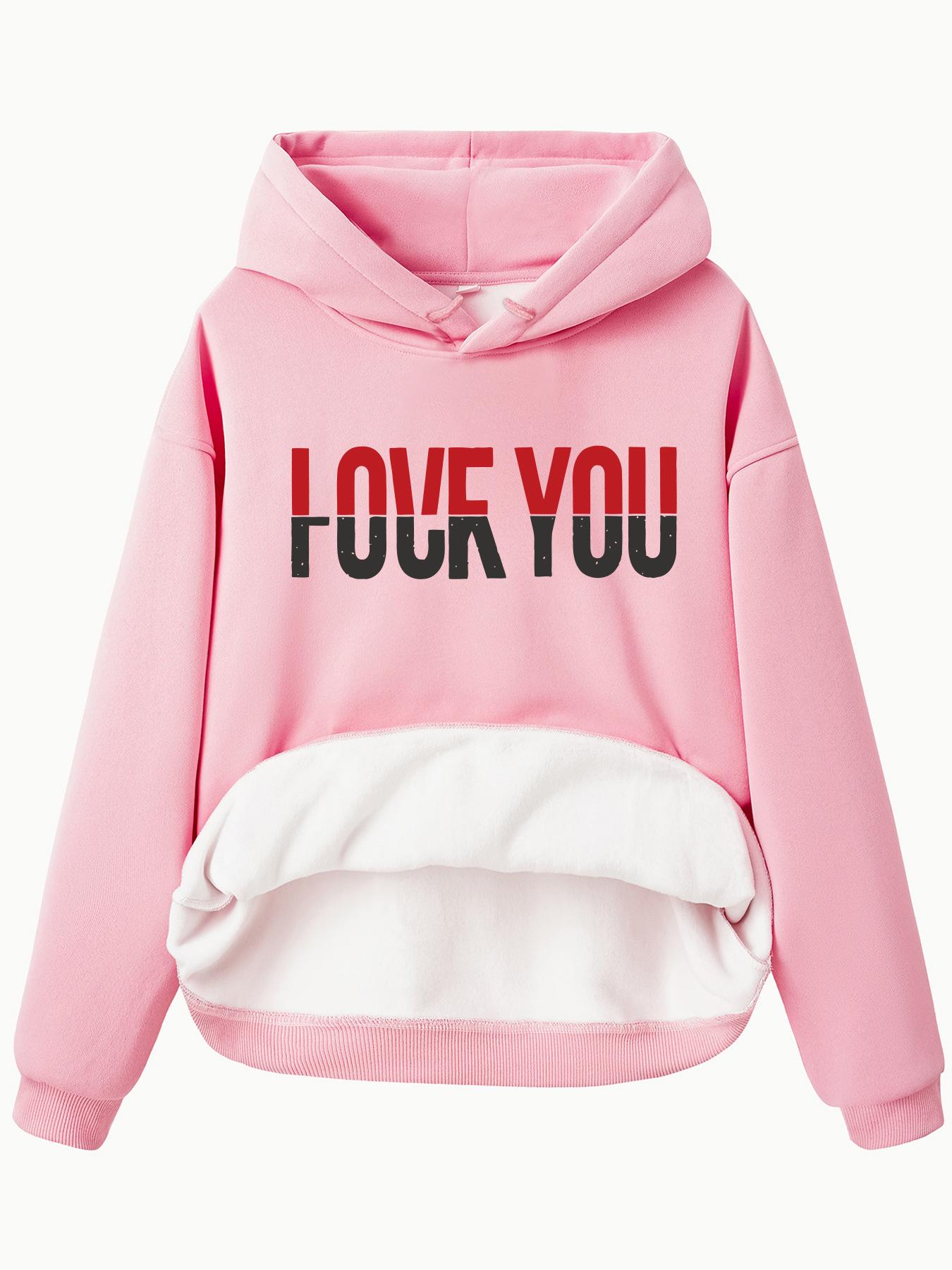 

Женская толстовка с капюшоном «кенгуру» в европейском и американском стиле — длинный рукав, бархат, принт с надписью, сезон осень/зима XL розовый