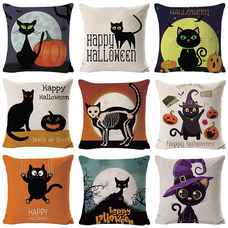 New Halloween Pillow Cartoon Cat Linen Printed Pillow Cover Nordic Funny Decorative Cushion