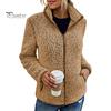 Winter Jacket Stand Collar Long Sleeves Pockets Zipper Closure Fluffy Coat Cardigan Women Autumn Solid Color Plush Streetwear