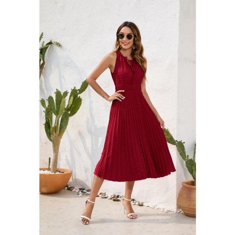 Summer Casual Holiday Dress Women Lace Up High Waisted Pleated Ball Sleeveless