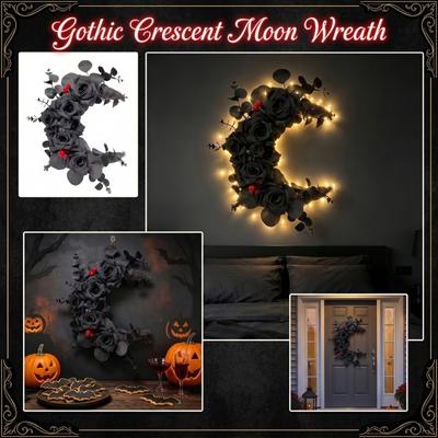 Crescent Moon Floral Wreath Halloween Home Decoration Artificial Flowers and Leaves Wall Hanging Indoor Seasonal Ornament