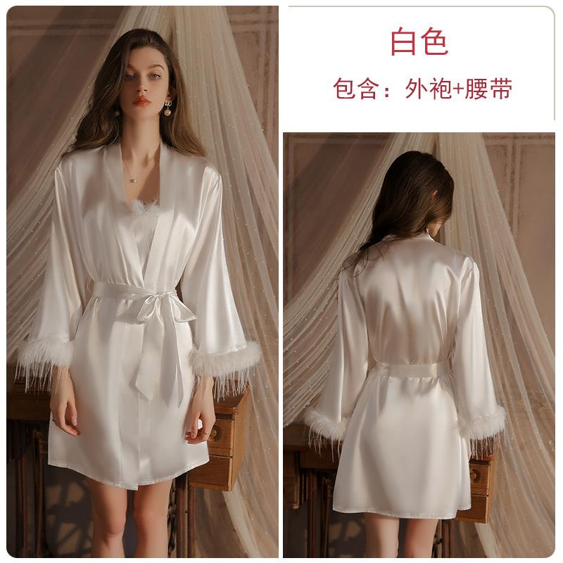 Women's Plus Size Feather Trim Cami Sleep Dress with Robe for Summer