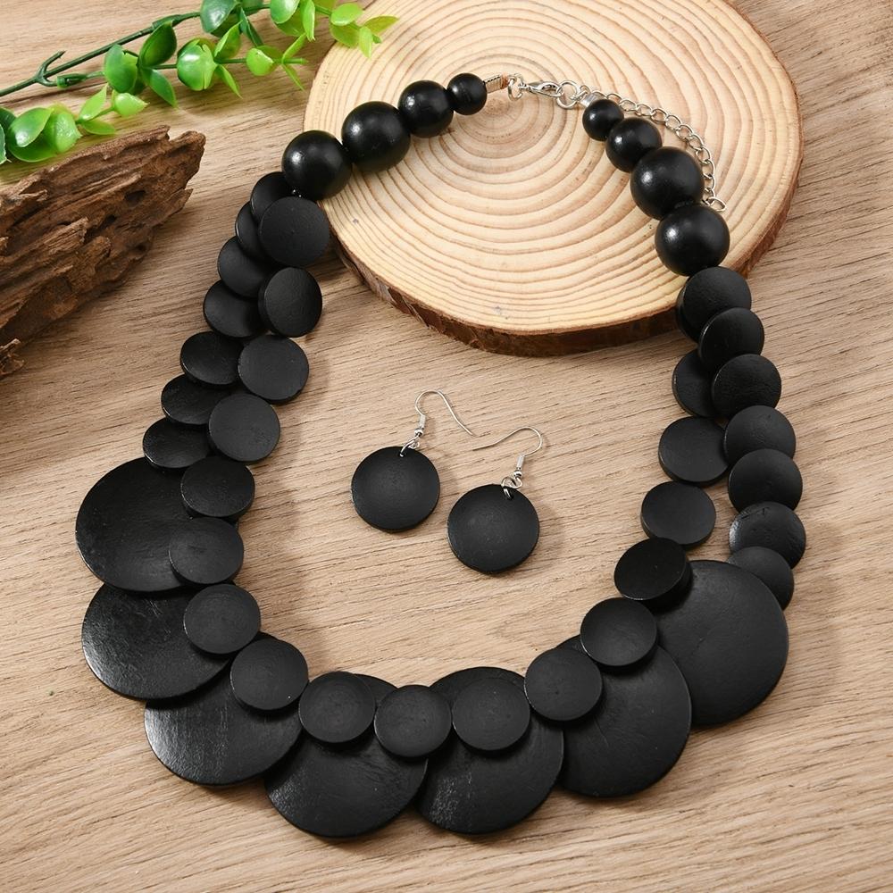 Gioielli Africani Bohemien Colorati Geometrici Rotondi Perline di Legno Collana di Perline Fatta a Mano E Orecchini Accessori da Festa da Donna