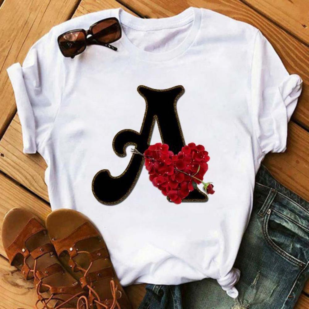 Rose ABC Alphabet Graphic Print White Tee Women Casual Loose Oversize Shirt Top Daily Wear Durable Plus Size Short Sleeve