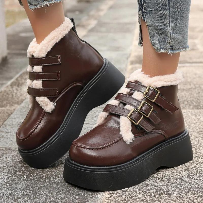

Британский стиль Платформа Плюшевые Теплые Женские Ботинки Для Сноуборда Зимние Новые Пряжки Ремень Противоскользящие Толстые Ботинки Из Хлопка Современные Ботинки Zapatos 39 коричневый