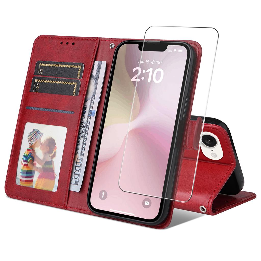 For iPhone 16e PU Leather Wallet Case Phone Stand Cover with Tempered Glass