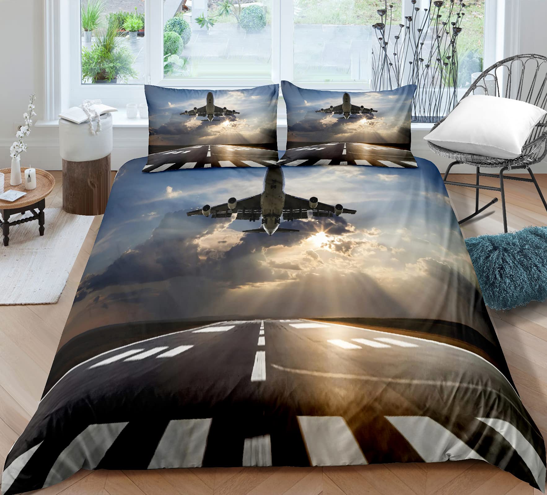 

Vintage Airplane Soft Duvet Cover Set, Turboprop Airplane Decorative 3 Piece, Beding Set featuring 2 Pilowcase, Quen King Comfortable Quilt Covers 120*200cm Single