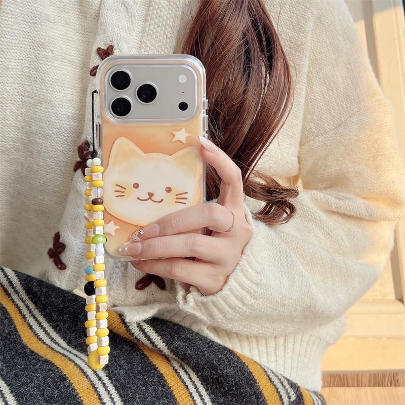 Cute Cat Phone Case With Beaded Wrist Strap Lanyard For iPhone 17 16 15 14 Pro Max Shockproof Soft TPU Protective Cover for Girl