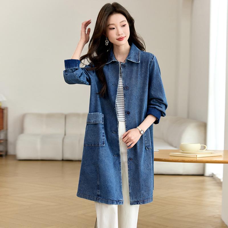 Dámská džínová bunda střední délky s velkými kapsami - Ležérní zeštíhlující trenčkot na jaro a podzim