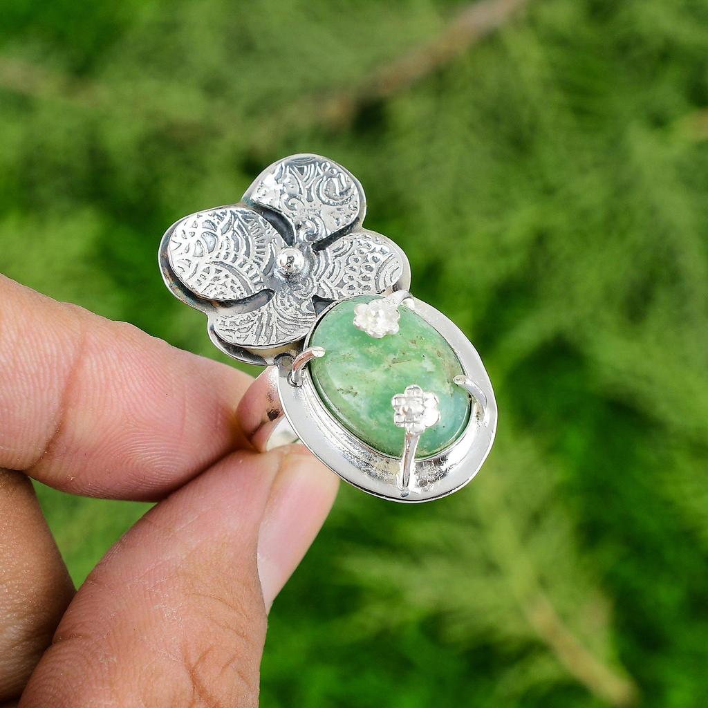 Sterling Silver Natural Chrysoprase Flower Art Deco Solitaire Boho Ring Jewelry